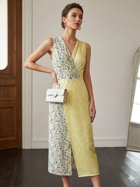 New Equipment Wrap Front Muti Media Silk Midi Dress Yellow Size 4